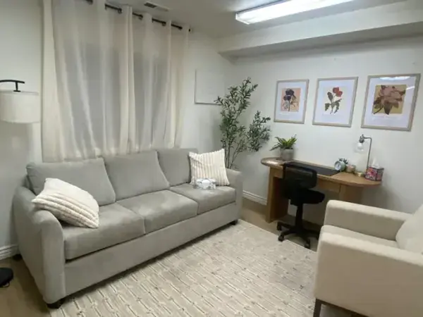 Warm, inviting therapy room at Lotus Rose Counseling in Orem, Utah
